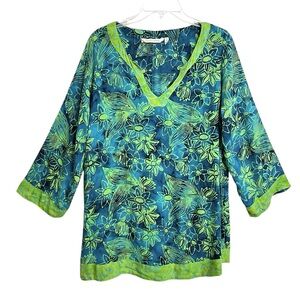 Soft Surroundings Womens Anaisha Tunic L Blue Green Floral Resortwear